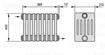 Схема (чертеж) Радиатор Zehnder Charleston 6040/8 №1670 Белый глянцевый RAL 9016